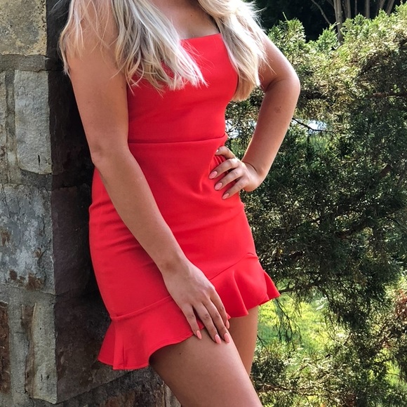 Red orange mini dress with ruffle skirt trim - Picture 3 of 6